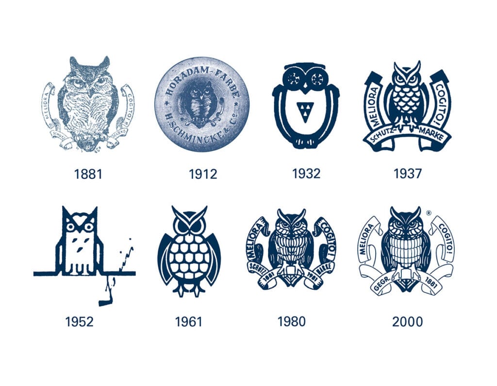 Razvoj logotipa podjetja od leta 1881 do leta 2000, kakršn je še danes.