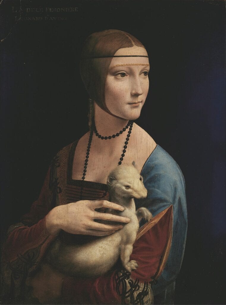 Dama s hermelinom, oljne barve na leseni orehovi plošči, umetnika Leonarda da Vincija.